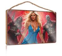 Letrero colgante para porche, diseño de apocalipsis zombi: mujer con vestido azul contra zombies, letrero divertido para pared de baño, decoración del hogar, granja (23 x 35 cm)