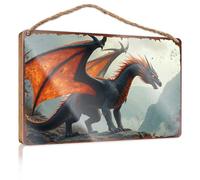Letrero colgante para porche, dragón ardiente con escudo puntiagudo que se eleva sobre las montañas, letrero divertido para pared de baño, decoración del hogar, granja (23 x 35 cm)