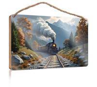 Letrero colgante para puerta con diseño de granja en tren de vapor a través de montañas otoñales, letrero de bienvenida para decoración del hogar, tienda y decoración del hogar (20 x 30 cm)