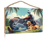 Letrero colgante para puerta con texto en inglés "Man And His Dog Relaxing Next To Motorcycle In Tropical Setting" (20 x 30 cm)