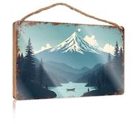 Letrero colgante para puerta de granja, serenidad: una escena pacífica del lago con picos nevados, letrero de bienvenida para decoración del hogar, tienda de decoración del hogar (15 x 28 cm)