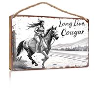Letrero colgante pequeño con texto en inglés "Long Live Cougar With A Rider On Horseback", letrero boscoso para decoración de porche al aire libre, regalos de verano