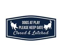 Letrero con lema Lita Fancy Paws Dogs at Play Please Keep Gate Closed & Latched (azul marino/blanco) - Pequeo