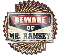 Letrero con texto en inglés "Beware of Mr. Ramsey for Test Motivation for Student & Adult Book" - Letreros de cerveza a granel para profesor para cueva de hombre (8 x 12 cm, 10 unidades)
