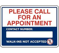 Letrero con texto en inglés "Call for an Appointment Walk-Ins Not accepted", letrero de instalación solo en el lugar de trabajo, lata de metal de 8 x 12 pulgadas para el hogar o el trabajo