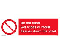 Letrero con texto en inglés "Do not flush wet wipes or moist tissues down the toilet with prohibition symbol", 300 x 100 mm