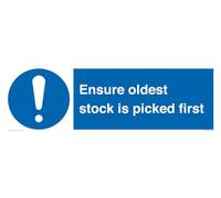 Letrero con texto en inglés "Ensure Oldest Stock Is Picked First", 600 x 200 mm, L62