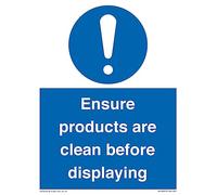 Letrero con texto en inglés "Ensure Products Are Clean Before Displaying", 150 x 200 mm, A5P