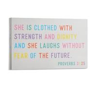 Letrero con texto en inglés "She Is Clothed In Strength And Dignity", proverbios de las Escrituras, pinturas en lienzo, impresiones en lienzo, póster para sala de estar, dormitorio, baño, oficina