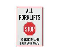 Letrero con texto en inglés "Stop All Forklifts Honk Horn And Look Both Ways", lámina reflectante de grado 8 x 12, aluminio libre de óxido, resistente a la intemperie, impermeable, fácil de montar