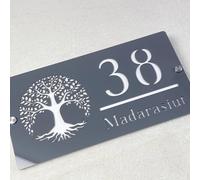 Letrero de acrílico personalizado cortado con láser moderno para número de casa, placa de puerta para decoración del hogar (gris blanco, 29 x 15 cm)