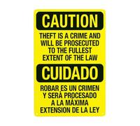 Letrero de advertencia bilingüe con texto en inglés "Theft Is A Crime And Will Be Prosecuted To The Fullest Extent Of The Law", letrero de advertencia bilingüe, para la seguridad de la pared, para