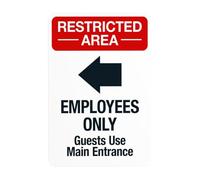 Letrero de advertencia con flecha izquierda, texto en inglés "Employees Only Guests Use Main Entrance with Left Flecha, Do Not Enter Security Metal Signs for Business Home Road Yard Garage Street Wall