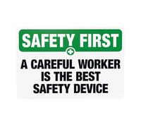Letrero de advertencia con texto en inglés "A Careful Worker Is The Best Safety Device - Letreros de metal de seguridad para el hogar, negocios, exteriores, interiores, caminos, garajes, paredes de