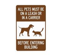 Letrero de advertencia con texto en inglés "All Pets Must Be On A Leash Of In A Carrier Before Entering Building", con correa de perro, para negocios, hogar, calle, pared, seguridad, precaución