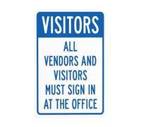 Letrero de advertencia con texto en inglés "All Visitors And Vendors Must Sign In At The Office", letreros de metal de seguridad para visitantes para negocios, hogar, exterior, interior, garaje, calle