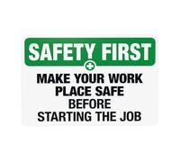 Letrero de advertencia con texto en inglés "Make Your Work Place Safe Before Starting The Job", con eslogan de metal para el hogar, negocios, exteriores, interiores, garaje, calle, pared, precaución