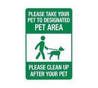 Letrero de advertencia con texto en inglés "Please Take Your Pet To Designated Area Please Clean Up After Your Pet", letrero de advertencia de seguridad de parque de perros, para negocios, calle