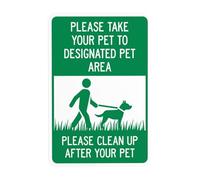Letrero de advertencia con texto en inglés "Please Take Your Pet To Designated Area Please Clean Up After Your Pet With Grass", letreros de metal de seguridad para parque de perros, para negocios