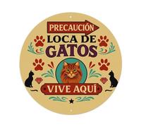 Letrero de advertencia de gato con huellas de patas y siluetas, letrero redondo de metal vintage, letrero de metal para decoración de pared, bar, jardín, póster de metal de 8 x 8 pulgadas