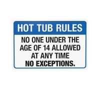 Letrero de advertencia de reglas de bañera de hidromasaje, con texto en inglés "No One Under The Age Of 14 Allowed At Any Time No Exceptions, Spa Rules Security Metal Signs for Home Business Street