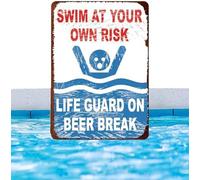 Letrero de advertencia de reglas de piscina, nadar bajo tu propio riesgo salvavidas en la piscina de 8 x 12 pulgadas, letrero de metal de aluminio, letrero retro de metal