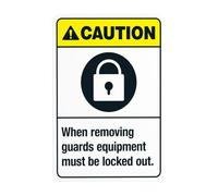 Letrero de advertencia de seguridad con texto en inglés "When Removing Guards Equipment Must Be Locked Out", para negocios, hogar, exterior, interior, carretera, garaje, calle, pared, precaución