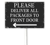 Letrero de aluminio con flecha izquierda, 30 x 20 cm, con texto en inglés "Please Deliver All Packages To Front Door With Left Arrow", placa de aluminio resistente a la decoloración, fácil de instalar