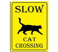 Letrero de aluminio con texto en inglés "Slow Cat Crossing", color negro sobre amarillo, decoración de pared para el hogar, cafeterías, oficinas, tiendas, pubs, clubes, interiores y exteriores, 6 x 8