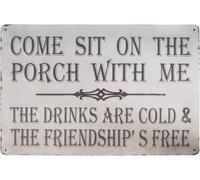Letrero de aluminio de 12 x 16 pulgadas, con texto en inglés "Come Sit On The Porch With Me", retro, vintage, campestre, decoración del hogar, patio al aire libre, letrero decorativo para el hogar