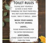 Letrero de aluminio de 30.5 x 40.6 cm con reglas divertidas para el inodoro, decoración de pared, con texto en inglés "Please Flush Toilet Stand Closer,Its Shorter Than You Think"