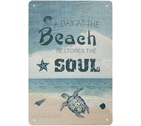 Letrero de aluminio de estilo vintage con texto en inglés "A Day at The Beach Restores The Soul Bar Coffee Kitchen Metal Wall Art Decor Iron Painting for Indoor Outdoor Home Decor Room Door