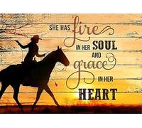 Letrero de aluminio divertido con texto en inglés "Horse Riding She Has Fire in Her Soul and Grace in Her Heart", letrero de metal para regalo para el hogar, cafetería, bar, decoración de pared