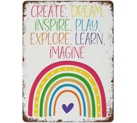 Letrero de aluminio para aula/guardería - "Crea, sueña, inspira, juega, explora, aprende" Láminas educativas | Decoración para sala de juegos y habitación infantil | Regalo para maestros y padres 8x1
