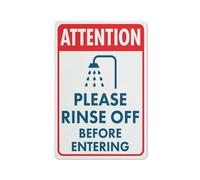 Letrero de aluminio resistente a la corrosión, fácil de leer y resistente, "Atención, enjuague antes de entrar". Letreros metálicos para exteriores para el hogar, la granja o el patio, de 8" x 12".
