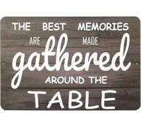 Letrero de aluminio vintage de metal con texto en inglés "The Best Memories are Made Gathered Around The Table" para puerta exterior, hogar, cueva, garaje, bar, campo, cartel, club, pared, decoración