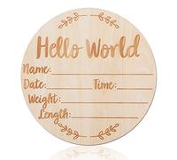 Letrero de Anuncio de Bebé de Madera, 15cm Tarjetas de Hitos Bebe Hello World Madera Hola Mundo Bebe Redondo para Hospital Accesorio de Foto Baby Shower Nuevos Padres (Estilo 2)