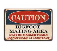 Letrero de área de apareamiento Bigfoot, con texto en inglés "Stay on Marked Trails Do Not Make Eye Contacto", letrero de metal divertido vintage de advertencia retro para el hogar, bar, pub