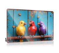 Letrero de bar para bar al aire libre, coloridos pájaros de cerámica posados en una valla de madera rústica con letrero de estaño de otoño, letreros divertidos para decoración del hogar, letreros de
