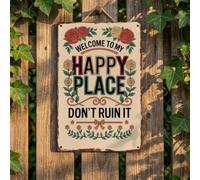 Letrero de bienvenida a mi lugar feliz, tablero decorativo de pared floral vintage, mensaje divertido estilo granja para puertas delanteras, letreros decorativos colgantes rústicos y placas para