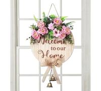 Letrero de bienvenida a nuestra casa - Corona decorativa de primavera para puerta, letrero colgante redondo de madera | Decoración de granja de eucalipto con lazo de cinta, decoración de pared de San