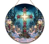 Letrero de bienvenida con cruz para puerta delantera, Navidad, invierno, flor de pascua, nieve, Navidad, madera verde, colgador de puerta, letrero de bienvenida, decoración frontal, porche al aire
