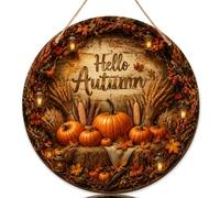 Letrero de bienvenida con diseño de calabazas para puerta delantera, farol de trigo rústico, color naranja, madera de otoño con texto en inglés «Welcome to Our Home», decoración de porche delantero