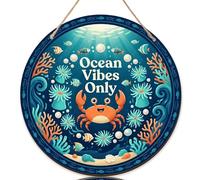Letrero de bienvenida con diseño de cangrejo para puerta delantera, peces marinos del océano, coral, verano, madera azul, bienvenido a nuestro hogar, decoración de porche, entrada al aire libre, juego