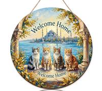 Letrero de bienvenida con diseño de gatos para puerta delantera, arquitectura artística realista del agua, ninguno azul, madera para porche delantero, letreros de bienvenida para colgar en la puerta