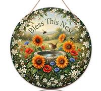 Letrero de bienvenida con diseño de girasol para puerta delantera, diseño de pájaro y abeja, primavera, color amarillo, de madera con texto en inglés "Welcome to Our Home"