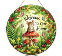 Letrero de bienvenida con diseño de ratón para puerta delantera, diseño de hongo con mariposa, primavera, verde, madera con texto en inglés "Welcome to Our Home" para puerta delantera, decoración de