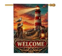 Letrero de bienvenida con faro náutico, bandera de casa costera, 71 x 101 | Estética costera, bandera de patio, decoración náutica, imágenes de gaviota costera, paisaje de puesta de sol