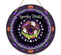 Letrero de bienvenida con forma de dona para puerta delantera, diseño de murciélago fantasma, Halloween, madera violeta, letrero de bienvenida para puerta delantera, decoración de porche para el hogar