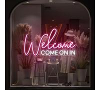 Letrero de bienvenida con texto en inglés "Welcome COME ON in Neon", letrero LED abierto personalizado para restaurante, bar, tienda, letrero abierto para boutique de negocios